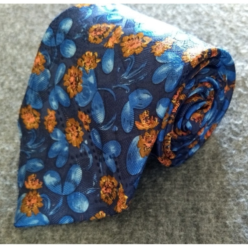 Cerruti 1881 Paris Neck Tie 100% Silk Blue & Rust Floral Embroidered Logo France